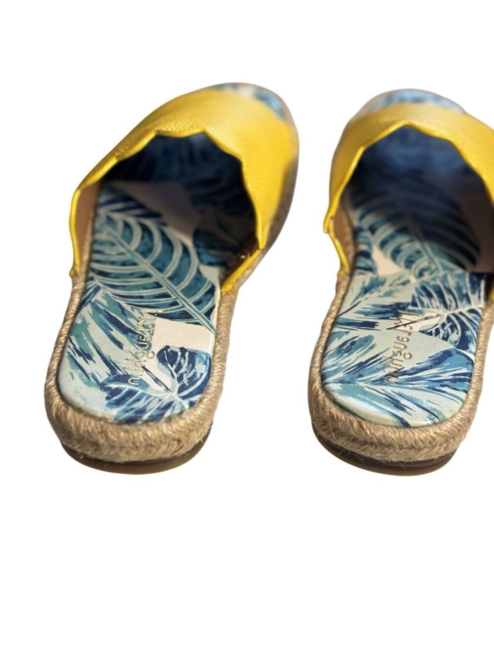 Aries Yellow Leather Scalloped Espadrille Slides Woven Tropical Print Sole Size - Picture 4 of 8